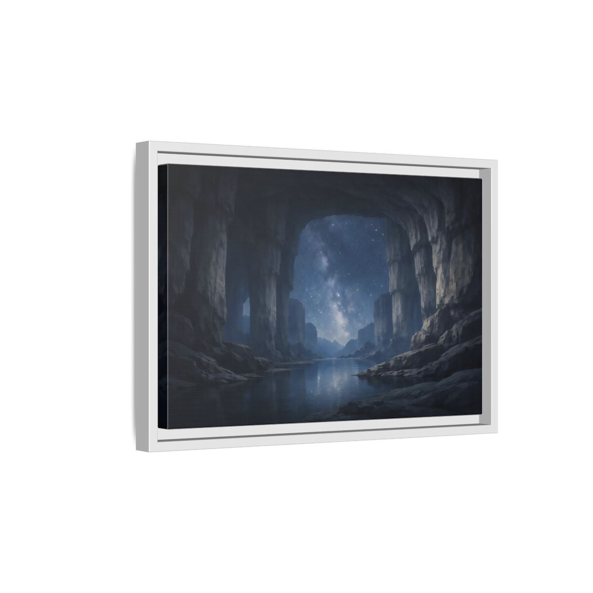 Side Mockup 4. Nature Starry Cave Blue And Gray shown as stretched canvas wall art