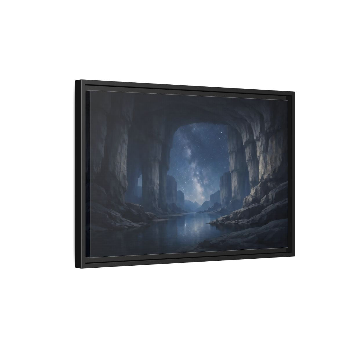 Side Mockup 3. Nature Starry Cave Blue And Gray shown as stretched canvas wall art