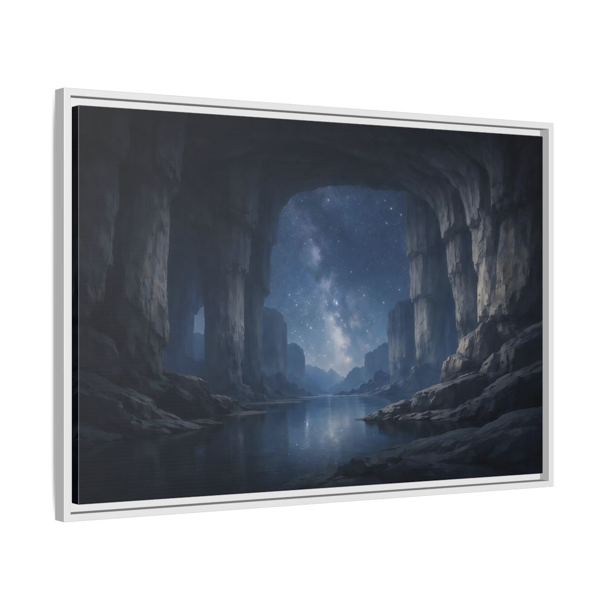 Side Mockup 9. Nature Starry Cave Blue And Gray shown as stretched canvas wall art