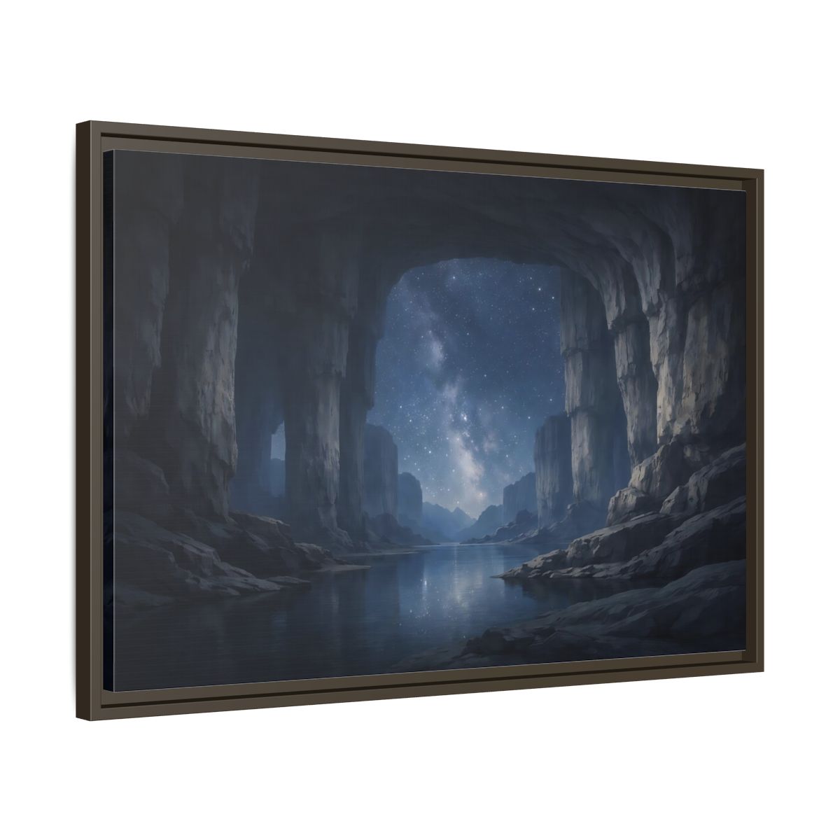 Side Mockup 11. Nature Starry Cave Blue And Gray shown as stretched canvas wall art