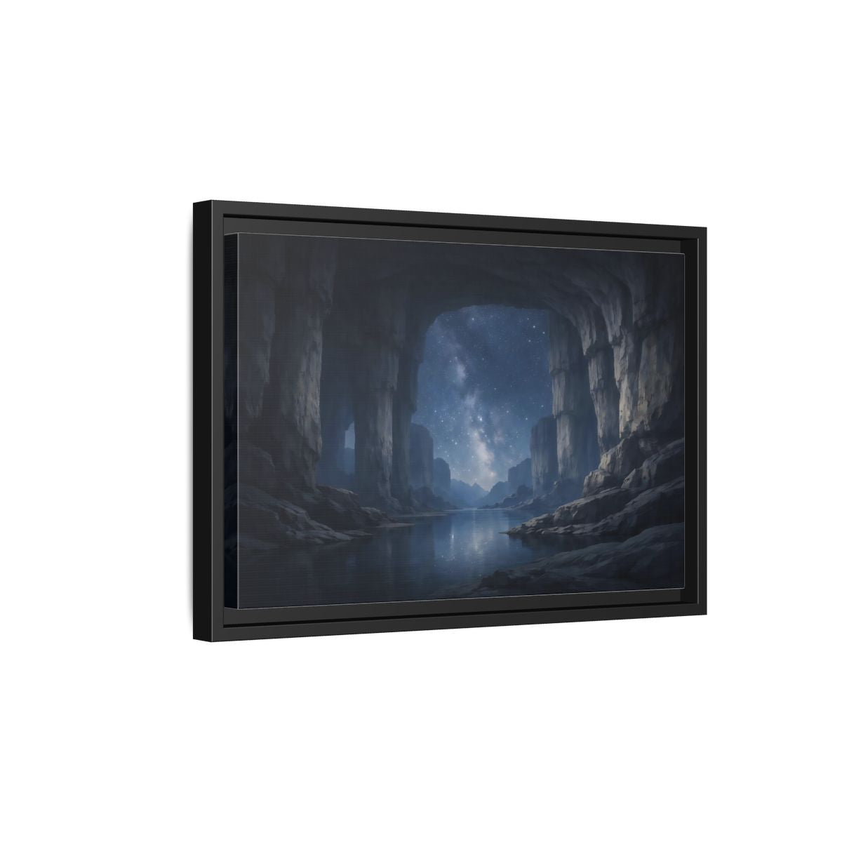 Side Mockup 6. Nature Starry Cave Blue And Gray shown as stretched canvas wall art