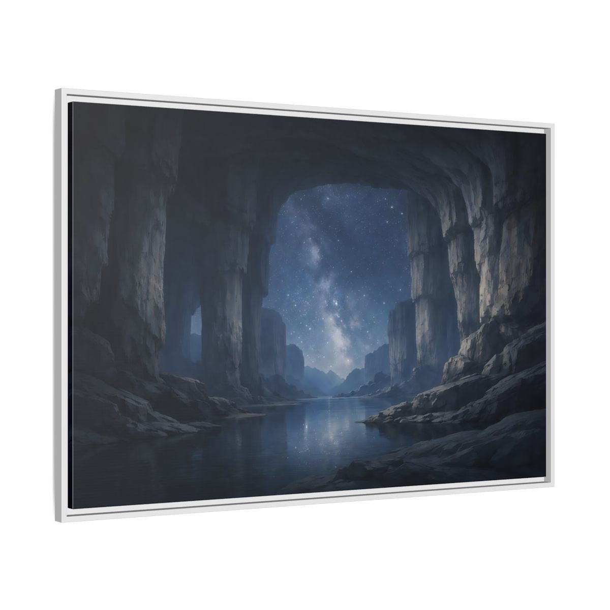 Side Mockup 7. Nature Starry Cave Blue And Gray shown as stretched canvas wall art