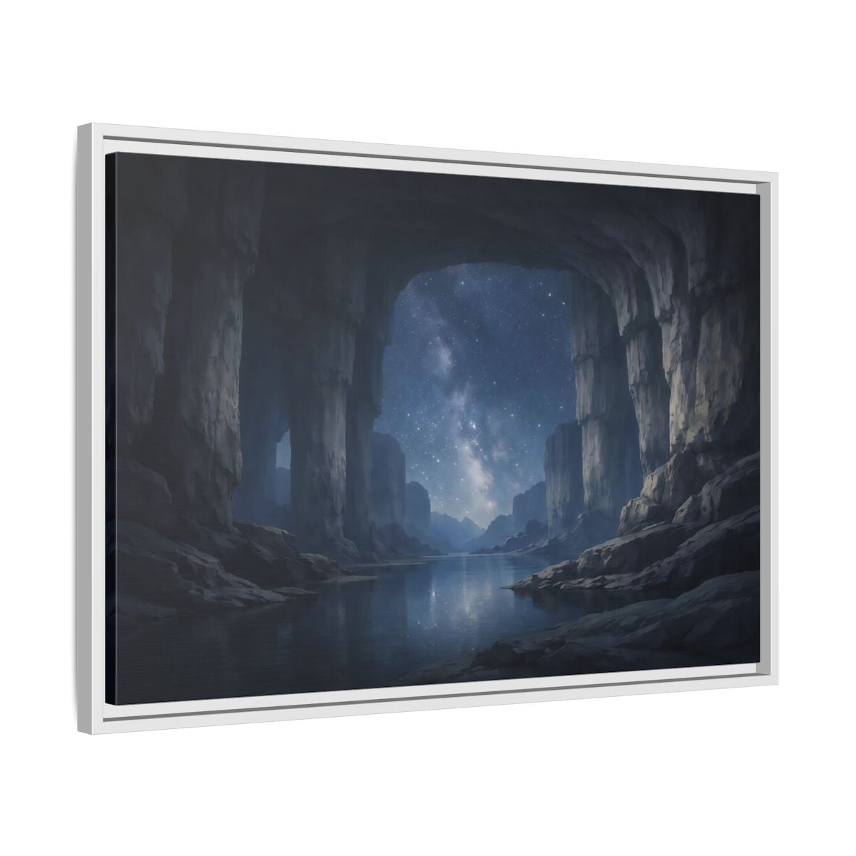 Side Mockup 10. Nature Starry Cave Blue And Gray shown as stretched canvas wall art