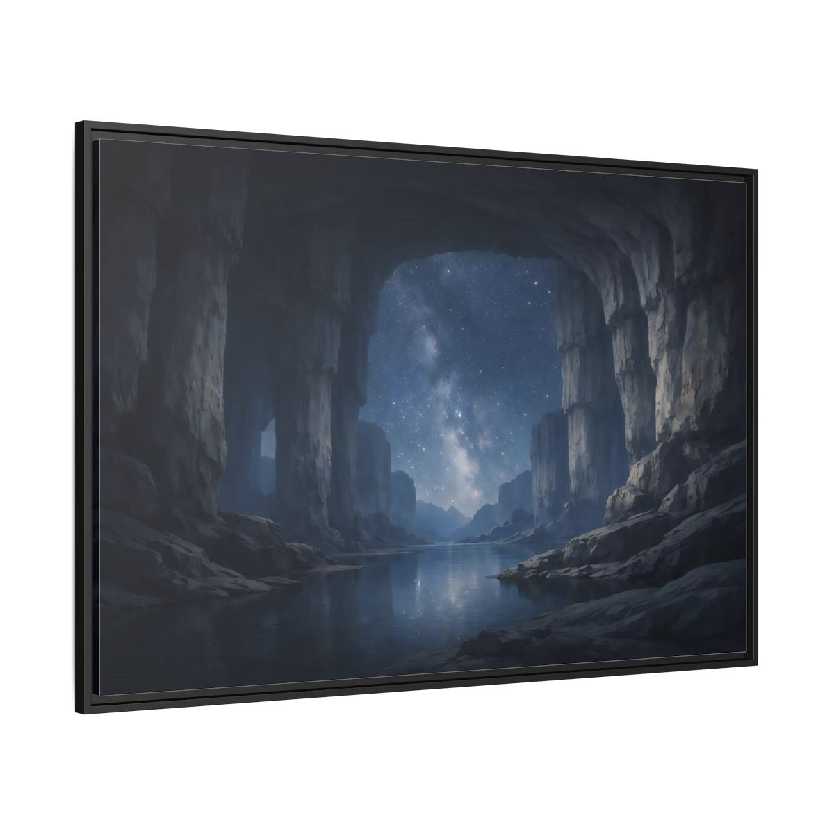 Side Mockup 12. Nature Starry Cave Blue And Gray shown as stretched canvas wall art