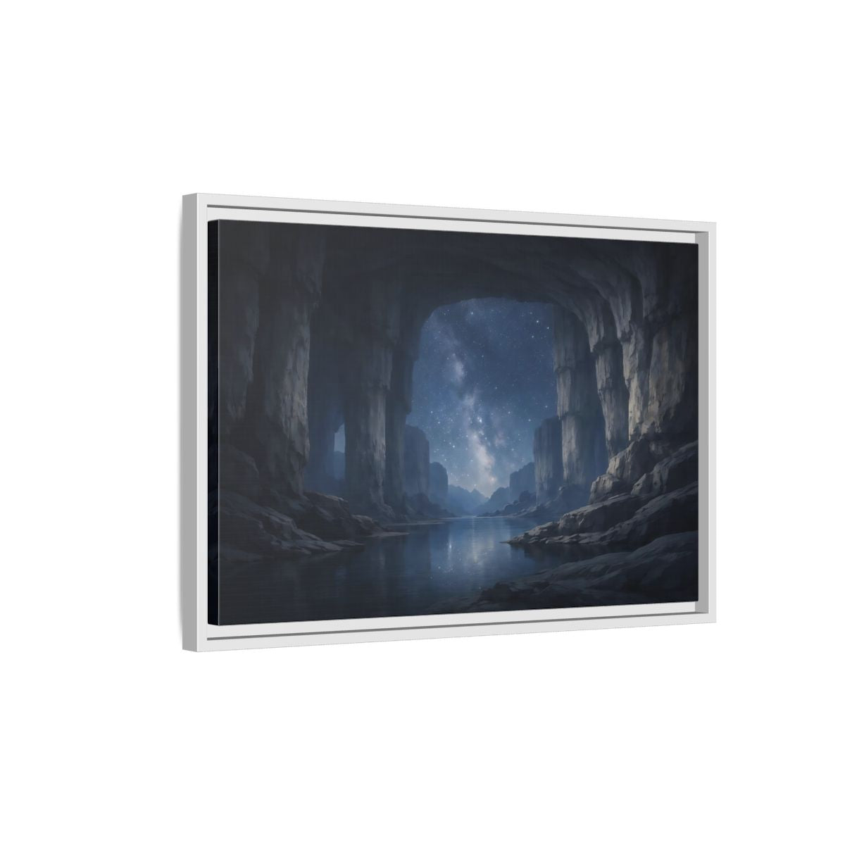 Side Mockup 1. Nature Starry Cave Blue And Gray shown as stretched canvas wall art