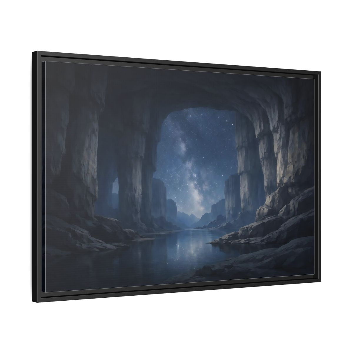 Side Mockup 13. Nature Starry Cave Blue And Gray shown as stretched canvas wall art