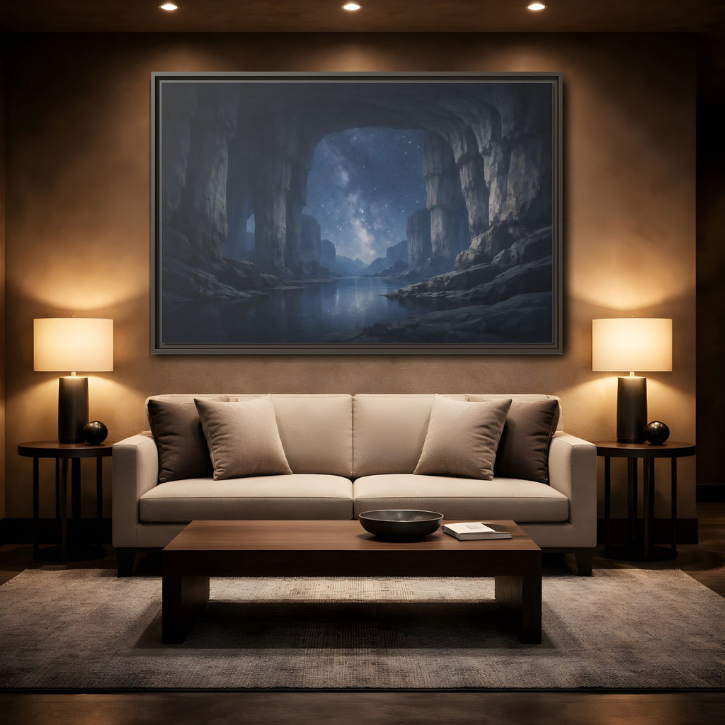 Mockup 2. Nature Starry Cave Blue And Gray shown as stretched canvas wall art
