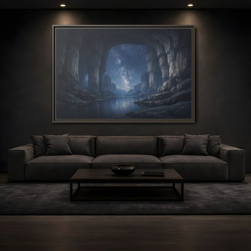 Mockup 3. Nature Starry Cave Blue And Gray shown as stretched canvas wall art