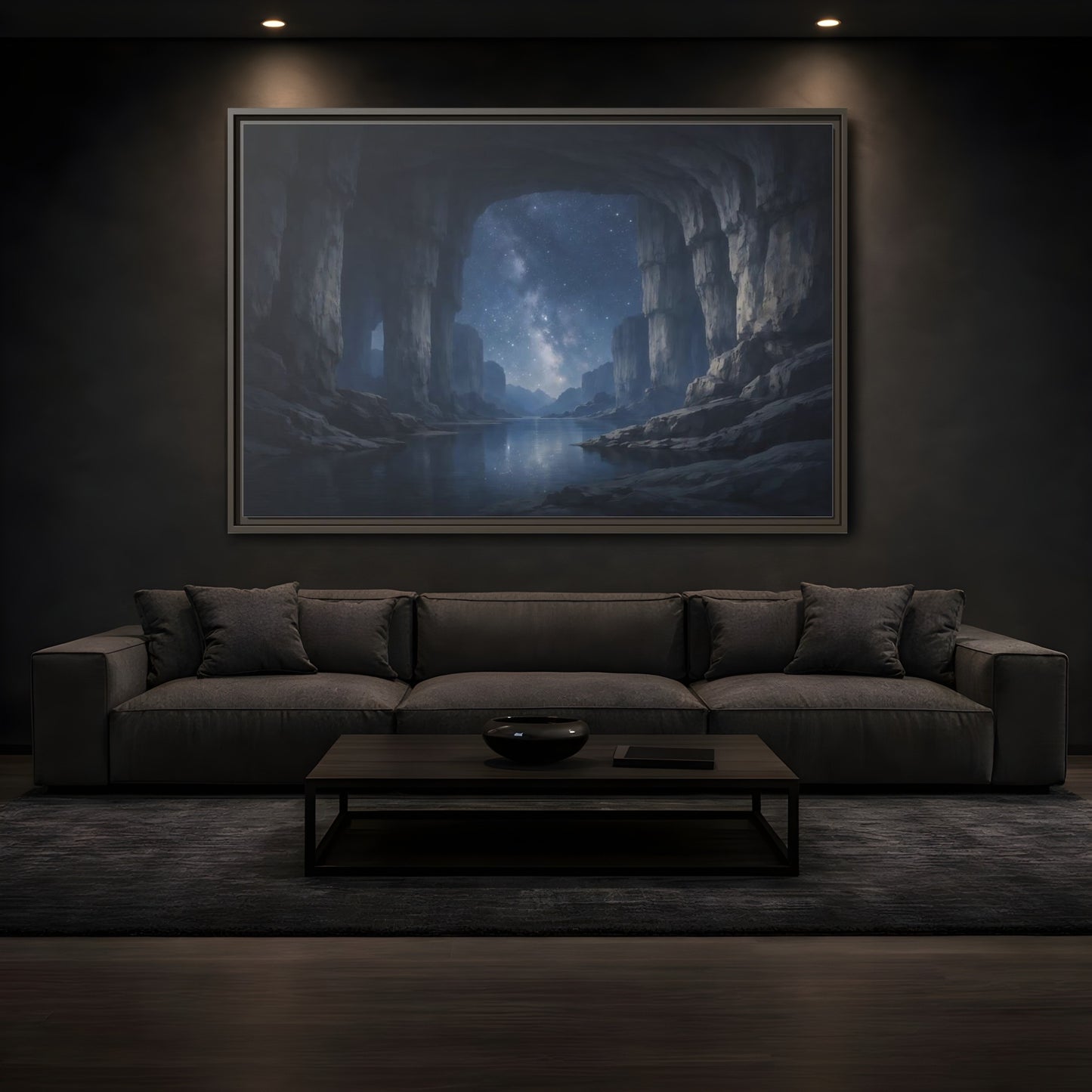 Mockup 3. Nature Starry Cave Blue And Gray shown as stretched canvas wall art