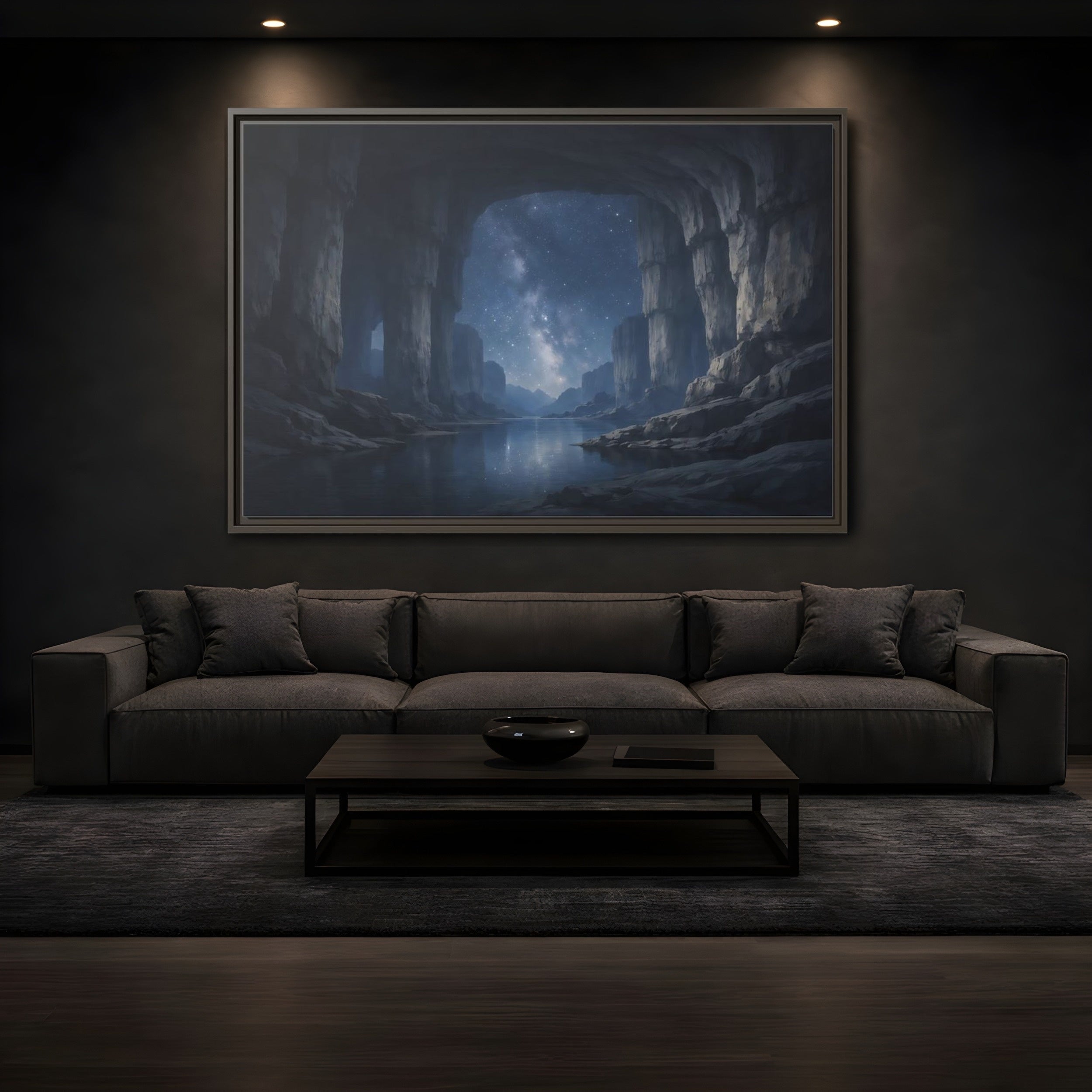 Mockup 3. Nature Starry Cave Blue And Gray shown as stretched canvas wall art