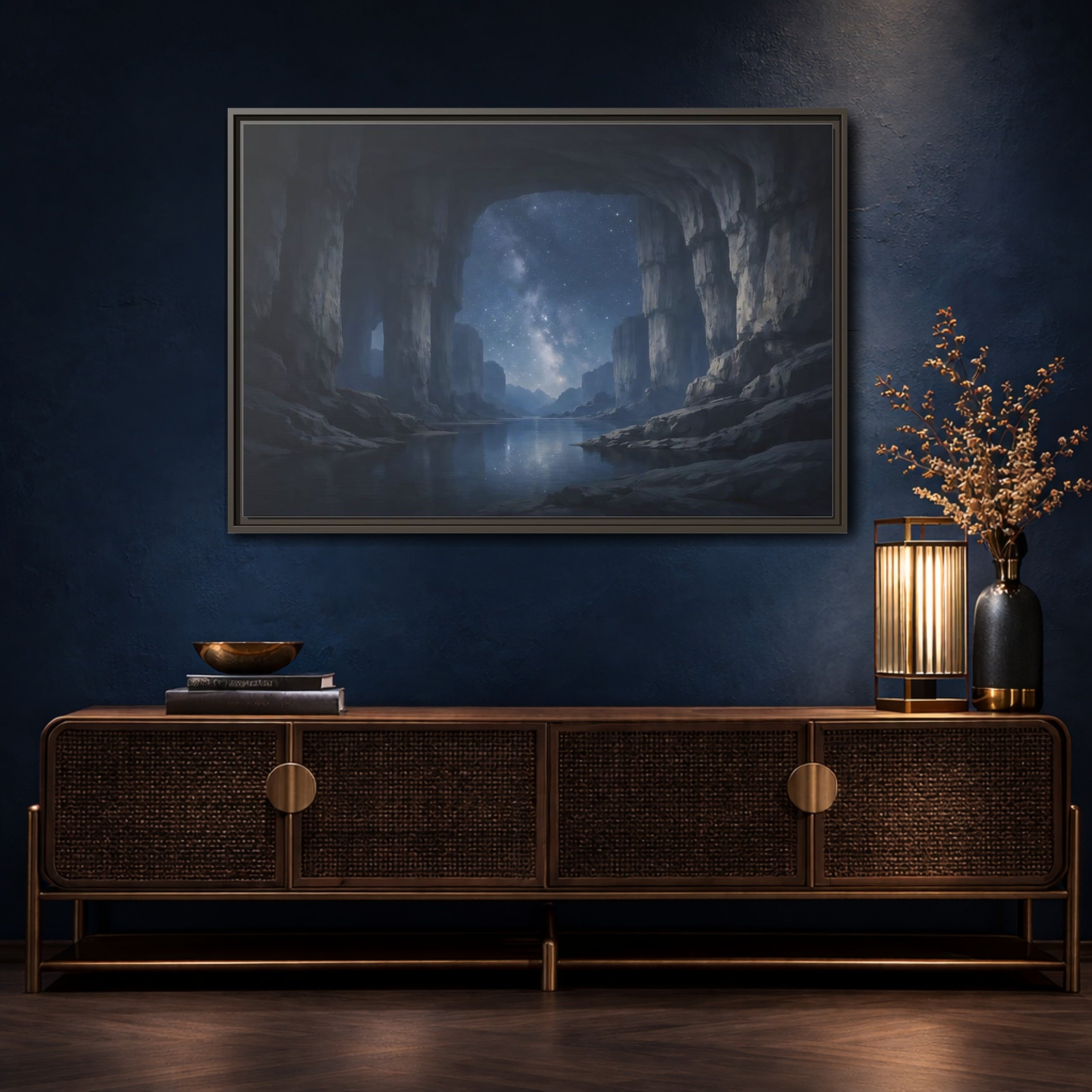 Mockup 4. Nature Starry Cave Blue And Gray shown as stretched canvas wall art