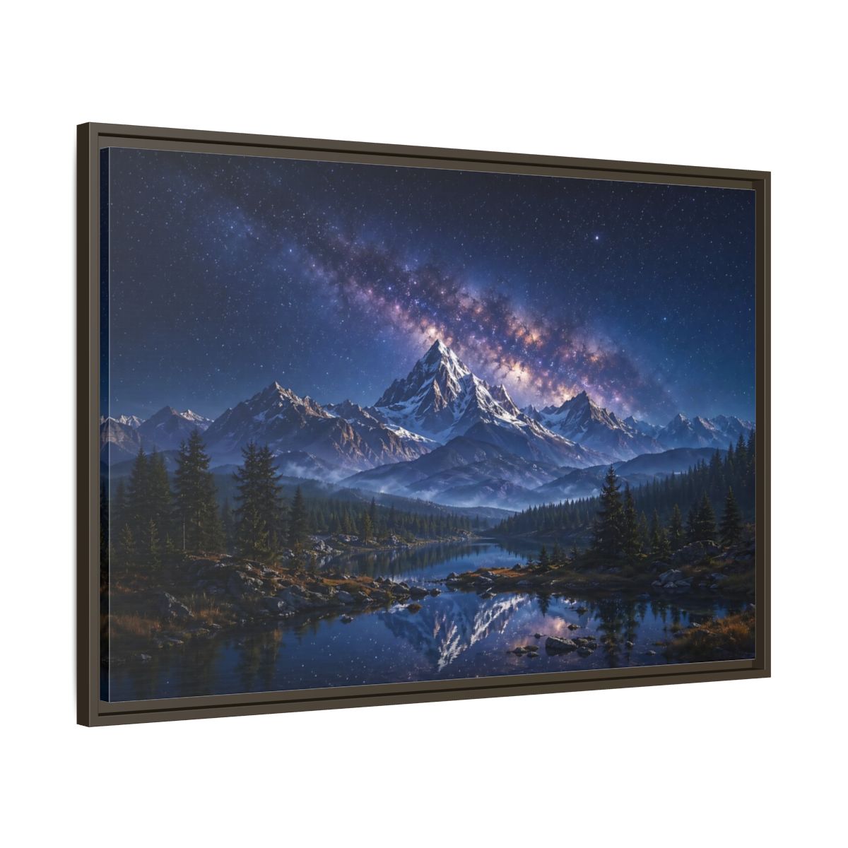 Main Mockup. Nature Starry Mountains Blue Night Landscape shown as stretched canvas wall art