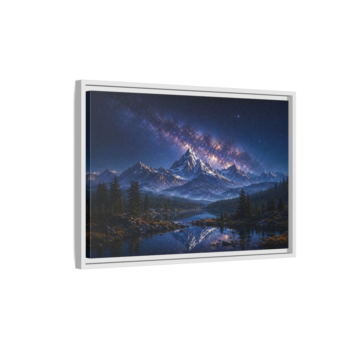 Side Mockup 1. Nature Starry Mountains Blue Night Landscape shown as stretched canvas wall art