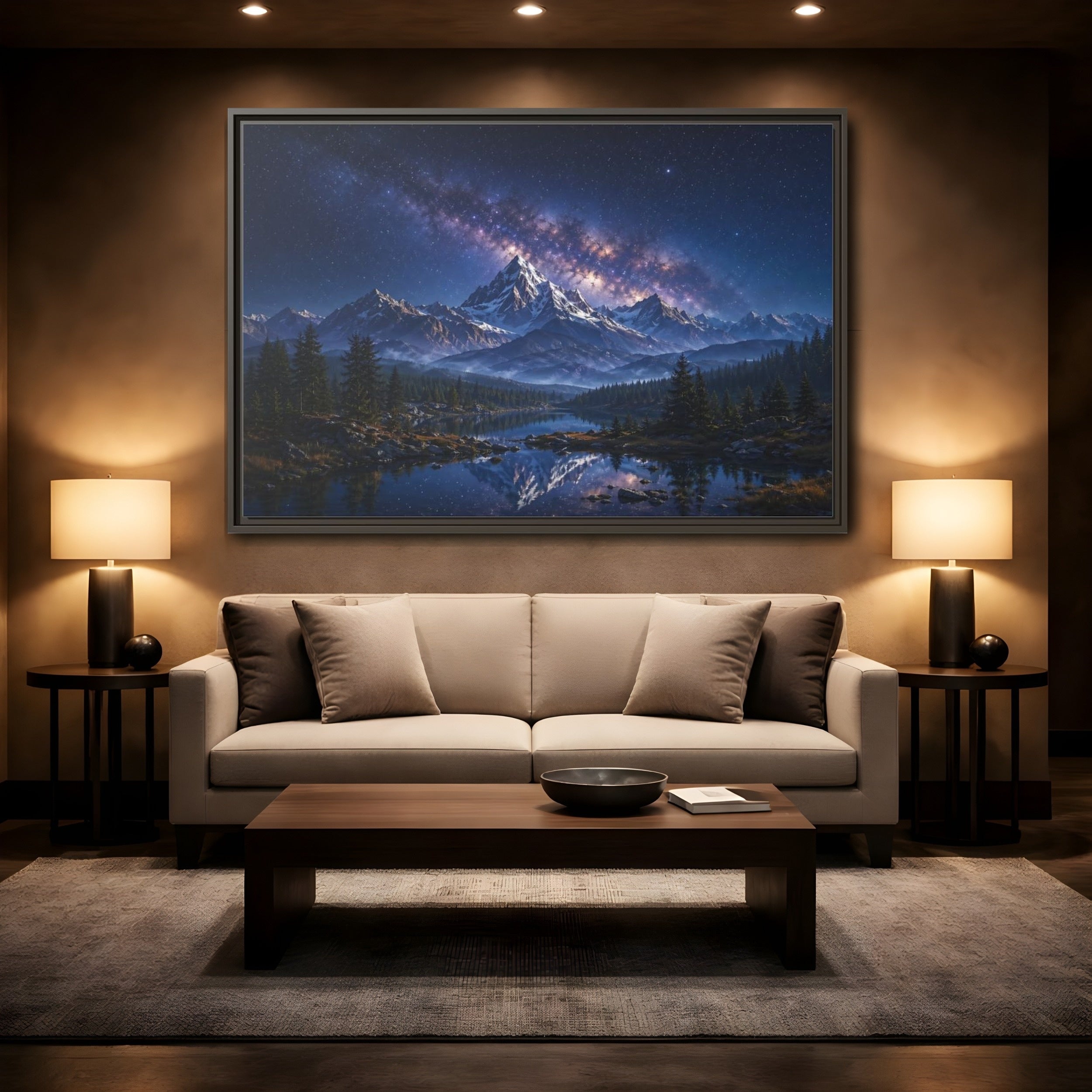 Mockup 2. Nature Starry Mountains Blue Night Landscape shown as stretched canvas wall art