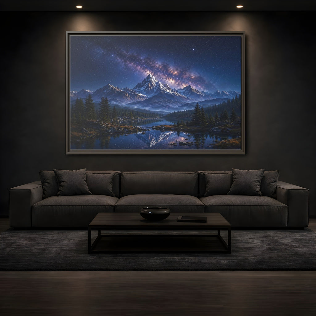 Mockup 3. Nature Starry Mountains Blue Night Landscape shown as stretched canvas wall art