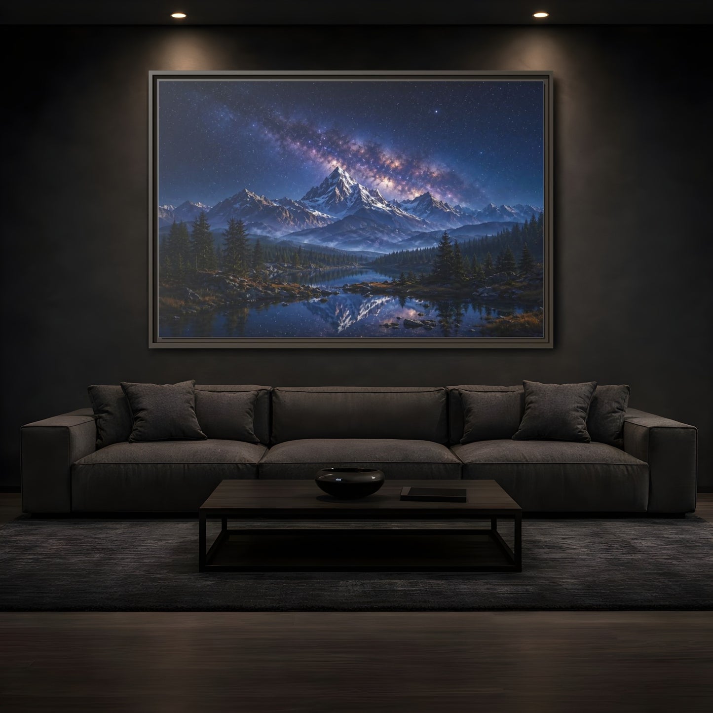 Mockup 3. Nature Starry Mountains Blue Night Landscape shown as stretched canvas wall art