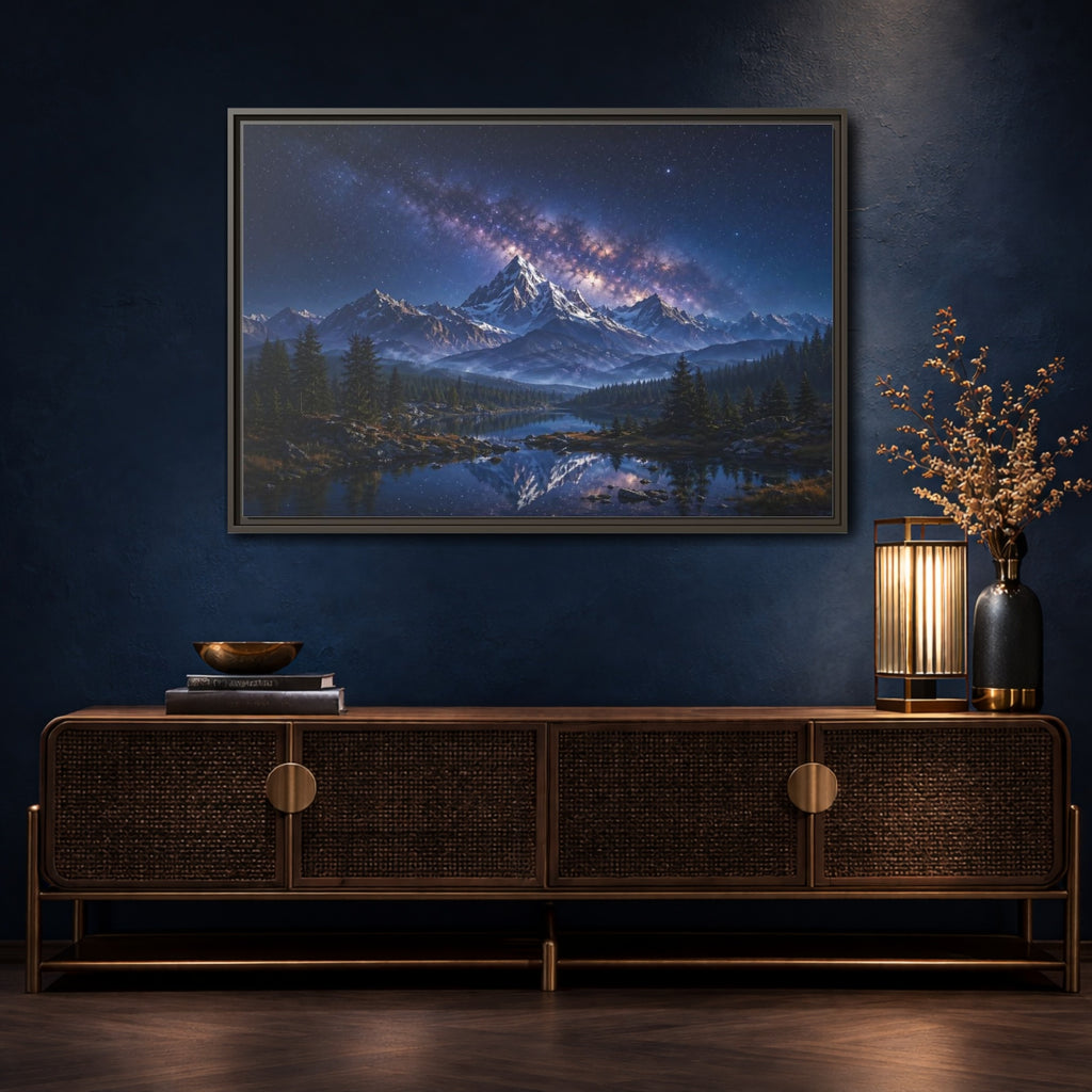 Mockup 4. Nature Starry Mountains Blue Night Landscape shown as stretched canvas wall art