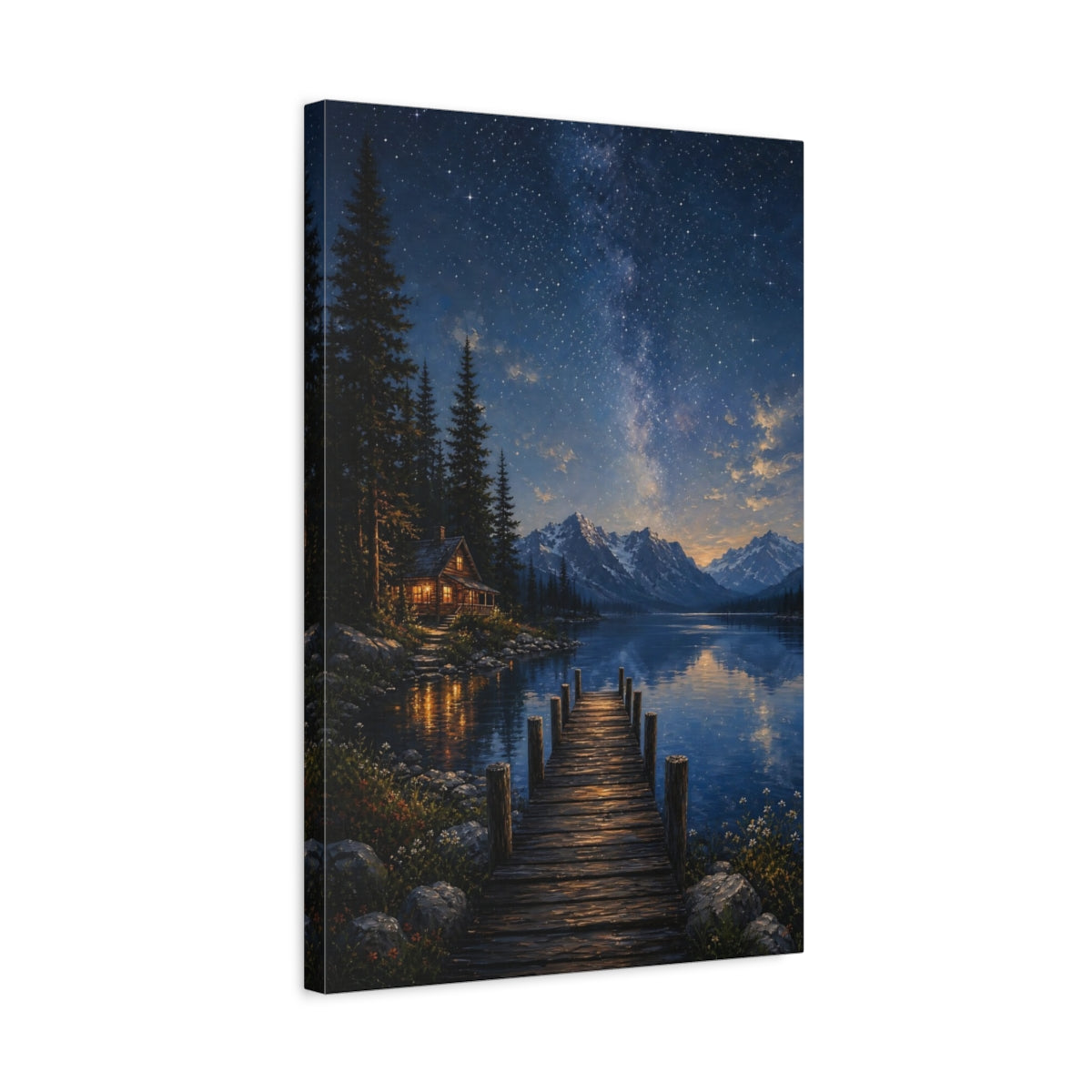 Side Mockup 3. Nature Starry Night Starry Night Lake shown as stretched canvas wall art