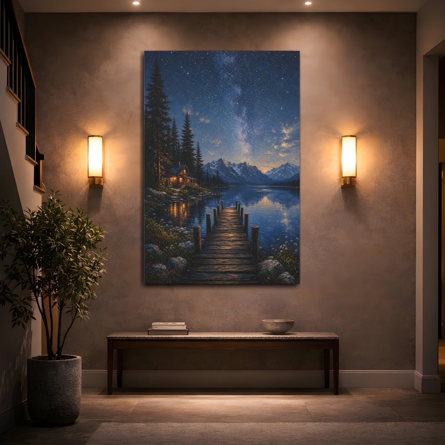 Mockup 2. Nature Starry Night Starry Night Lake shown as stretched canvas wall art