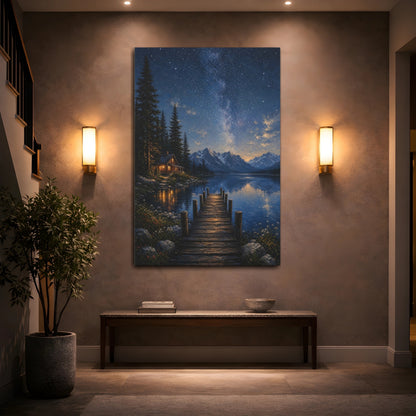 Mockup 2. Nature Starry Night Starry Night Lake shown as stretched canvas wall art