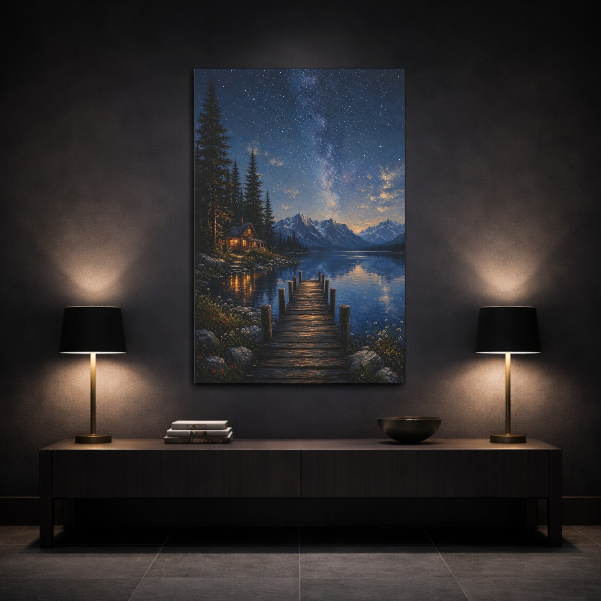 Mockup 3. Nature Starry Night Starry Night Lake shown as stretched canvas wall art