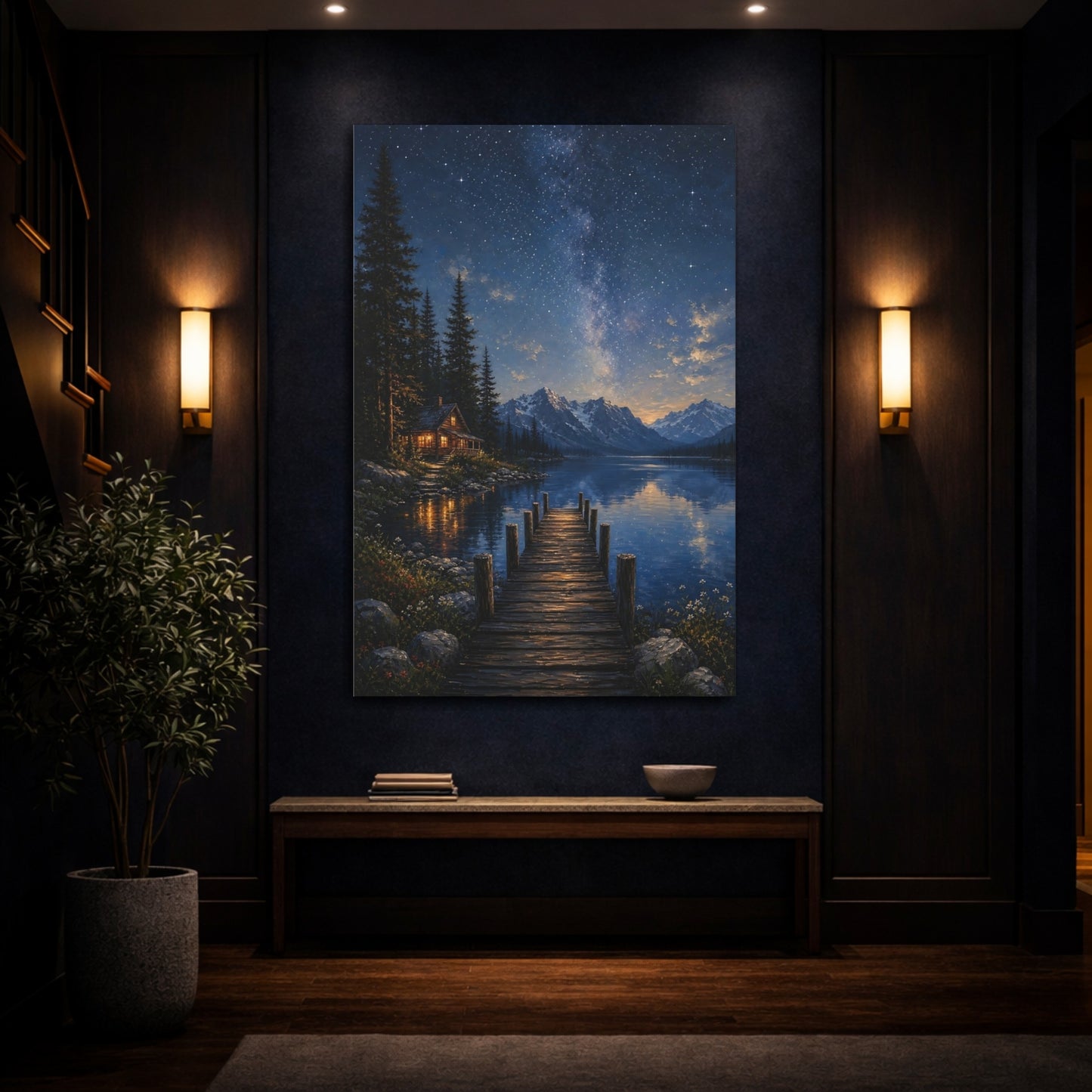 Mockup 4. Nature Starry Night Starry Night Lake shown as stretched canvas wall art