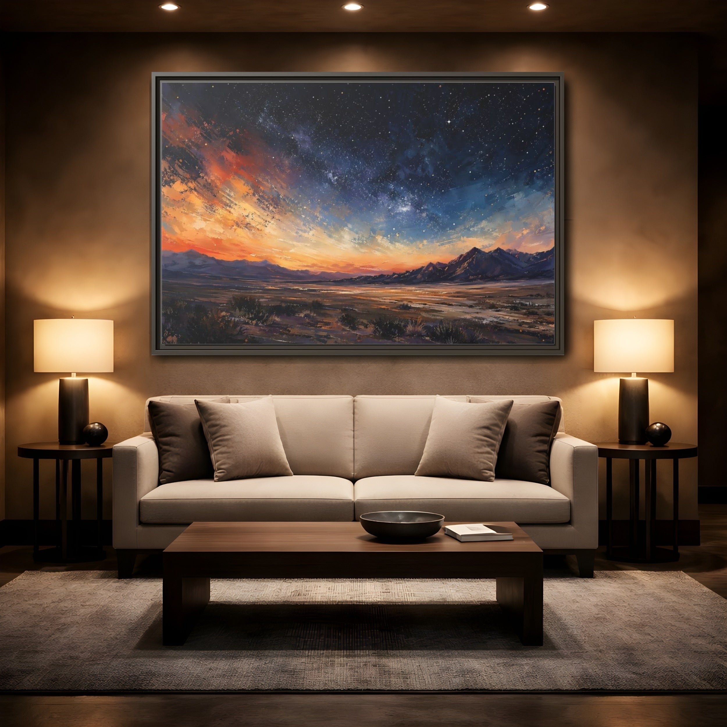 Mockup 2. Nature Starry Sky Orange And Blue Night shown as stretched canvas wall art