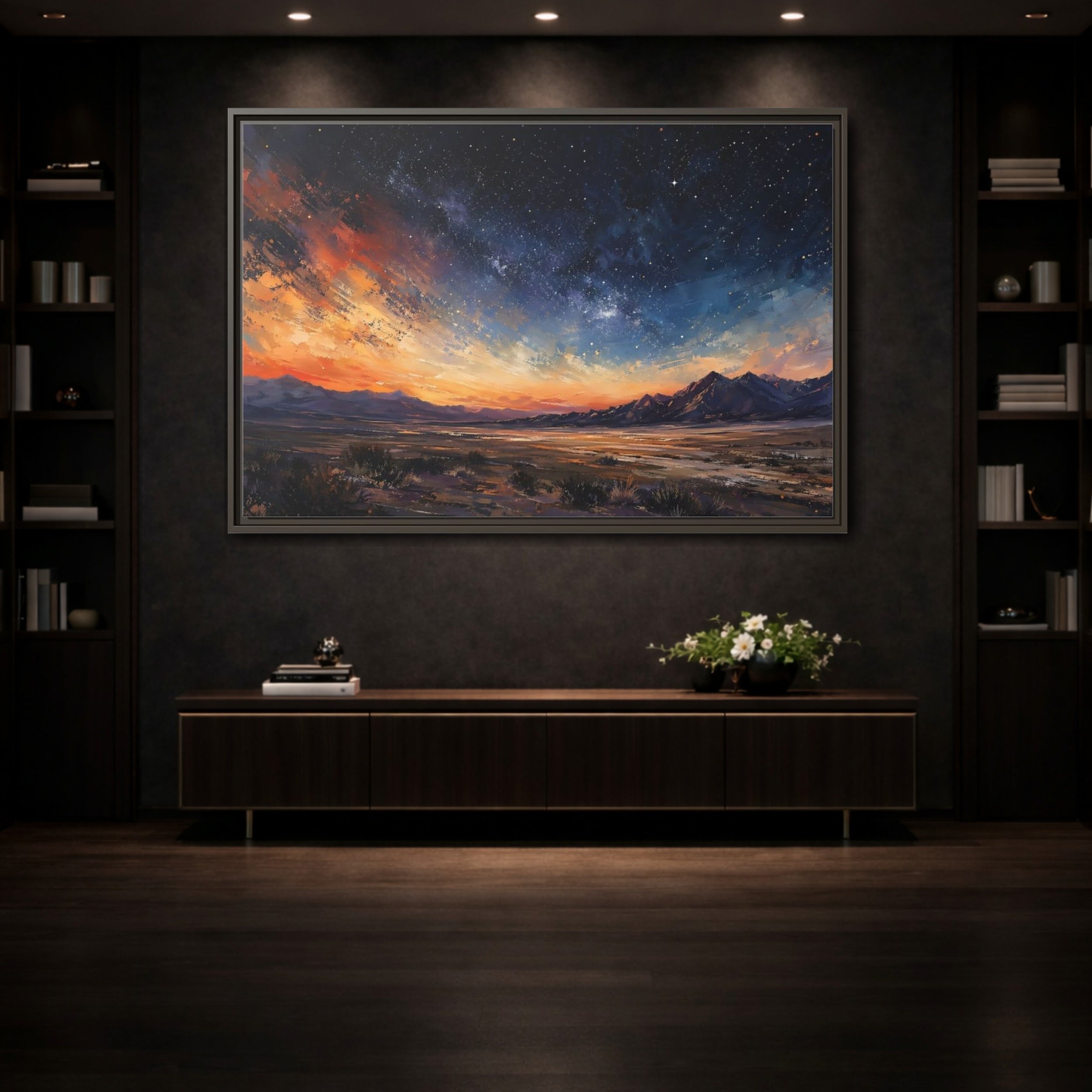Mockup 3. Nature Starry Sky Orange And Blue Night shown as stretched canvas wall art