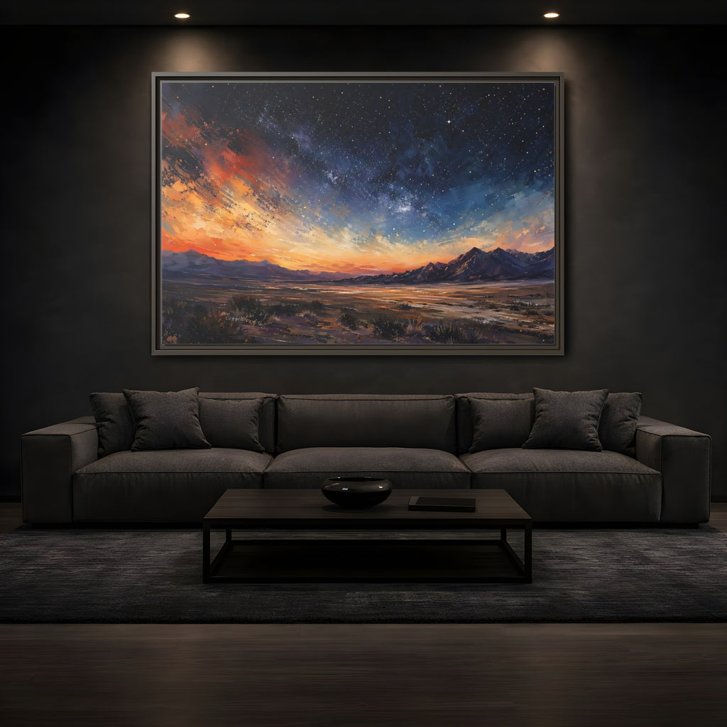 Mockup 4. Nature Starry Sky Orange And Blue Night shown as stretched canvas wall art