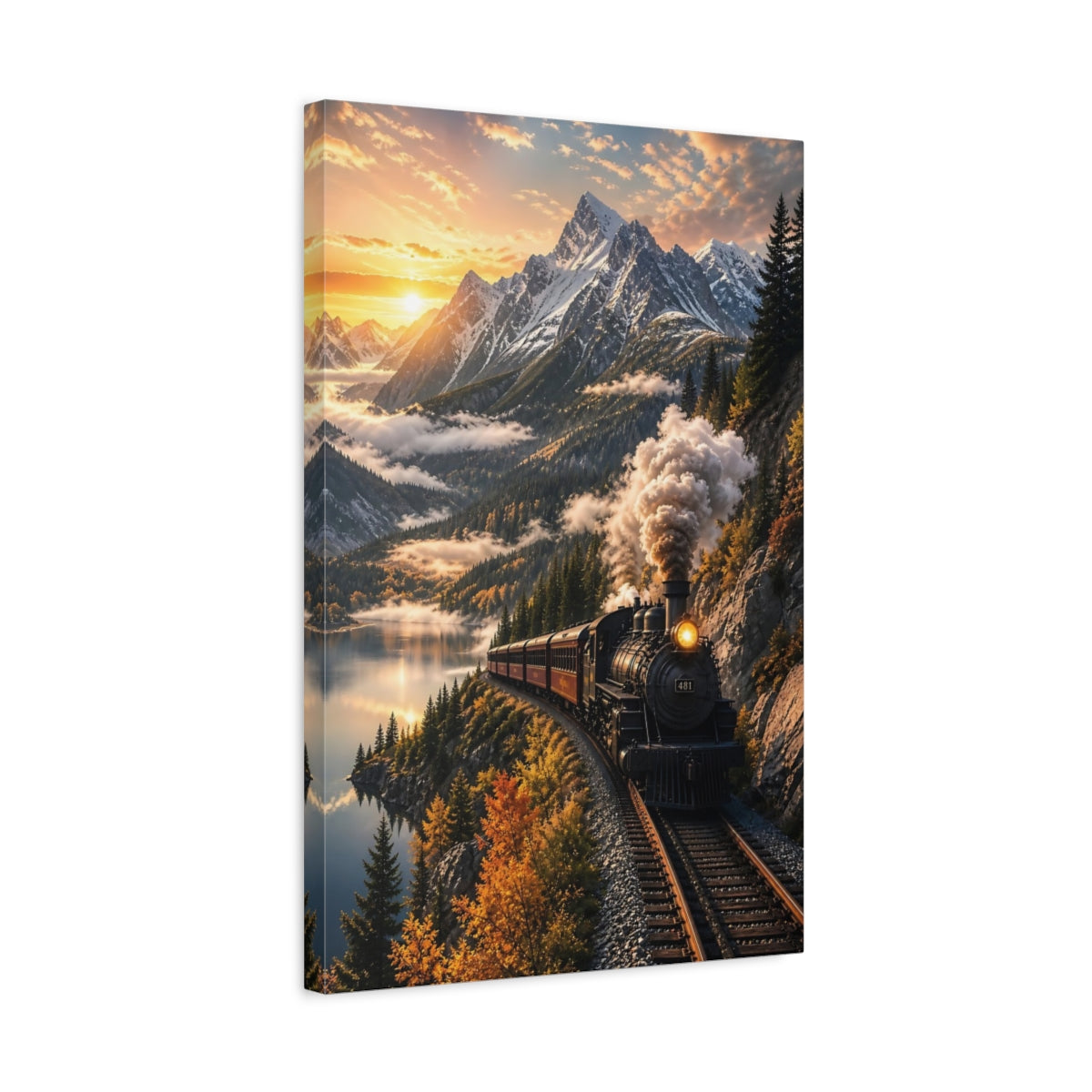 Nature Steam Train Autumn Mountain Canvas Wall Art Print - Realistic Decor for Living Room, Above Fireplace shown as canvas wall art