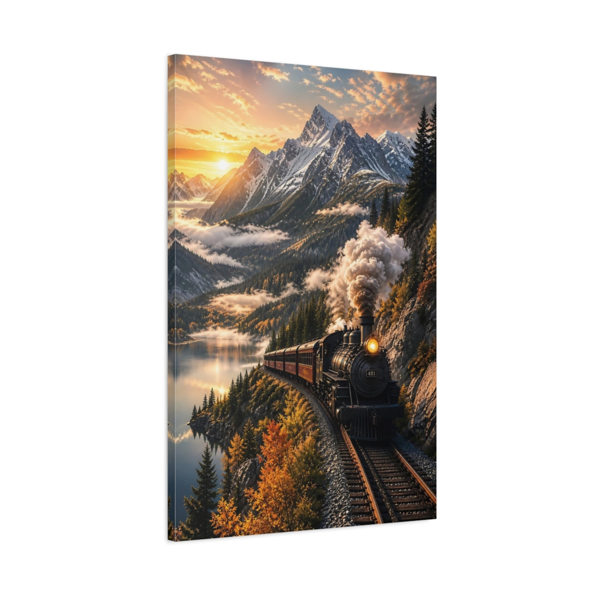 Nature Steam Train Autumn Mountain Canvas Wall Art Print - Realistic Decor for Living Room, Above Fireplace shown as canvas wall art