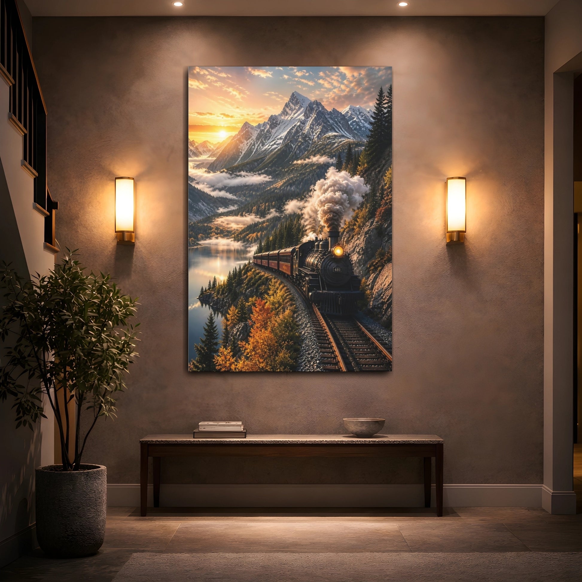 Nature Steam Train Autumn Mountain Canvas Wall Art Print - Realistic Decor for Living Room, Above Fireplace shown as canvas wall art