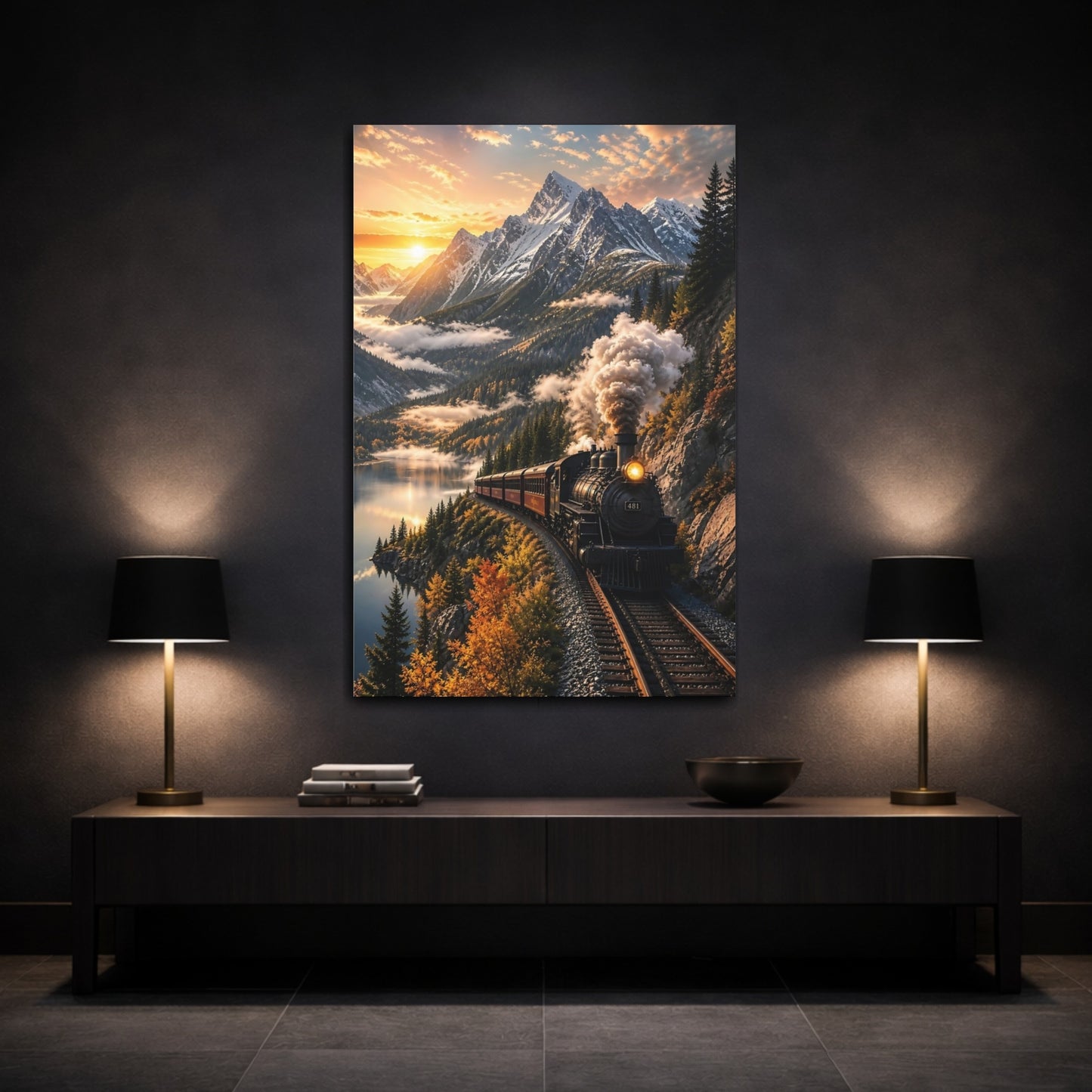 Nature Steam Train Autumn Mountain Canvas Wall Art Print - Realistic Decor for Living Room, Above Fireplace shown as canvas wall art
