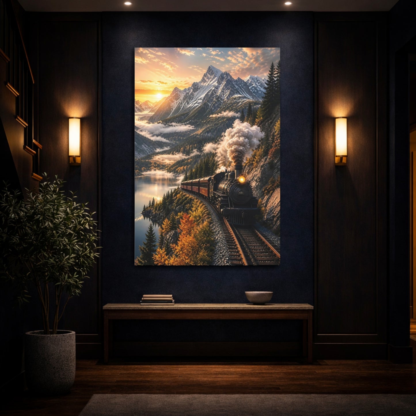 Nature Steam Train Autumn Mountain Canvas Wall Art Print - Realistic Decor for Living Room, Above Fireplace shown as canvas wall art