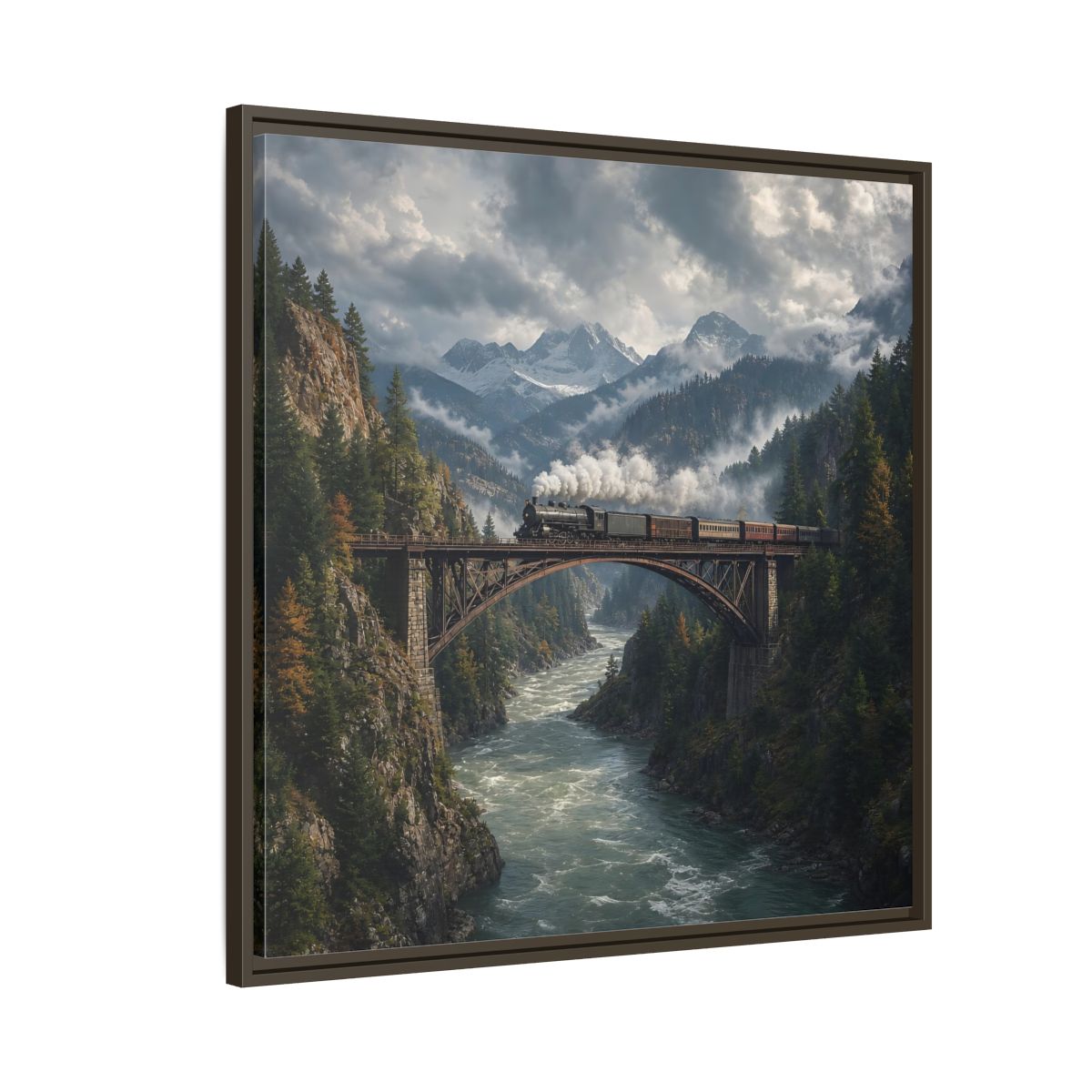 Side Mockup 8. Nature Steam Train Mountain Train shown as stretched canvas wall art