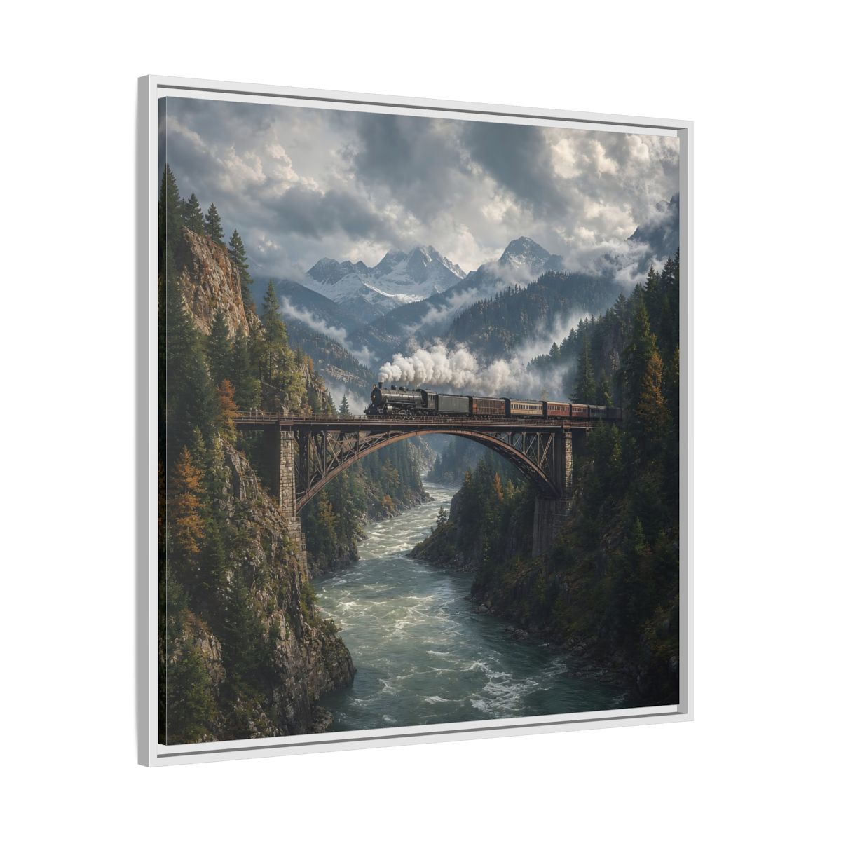 Side Mockup 25. Nature Steam Train Mountain Train shown as stretched canvas wall art