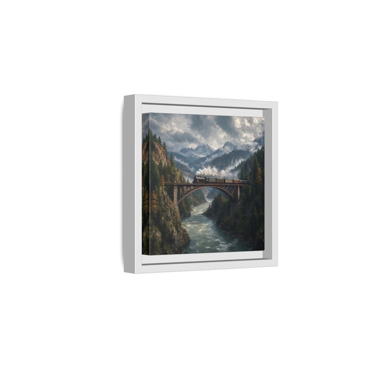 Side Mockup 1. Nature Steam Train Mountain Train shown as stretched canvas wall art