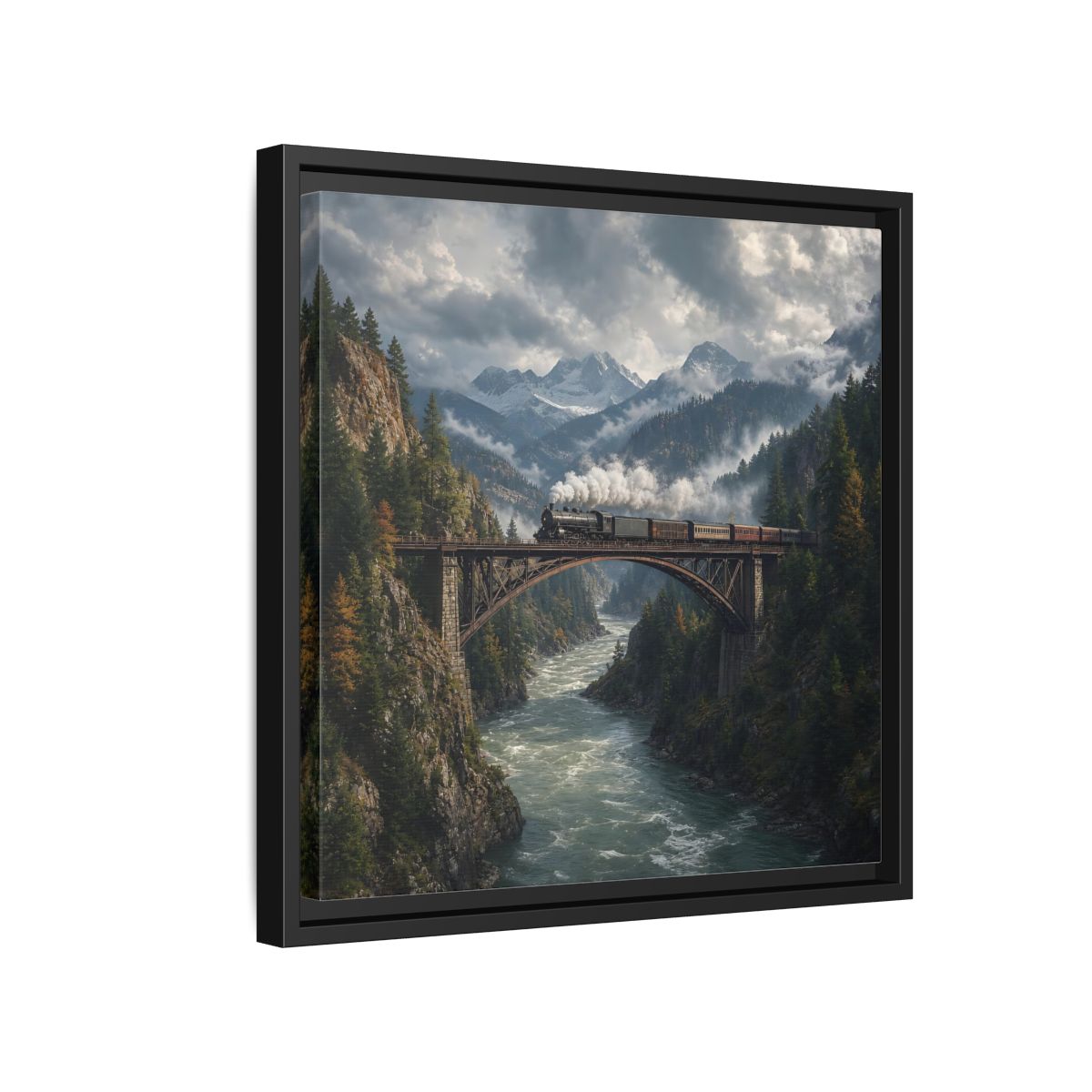 Side Mockup 15. Nature Steam Train Mountain Train shown as stretched canvas wall art