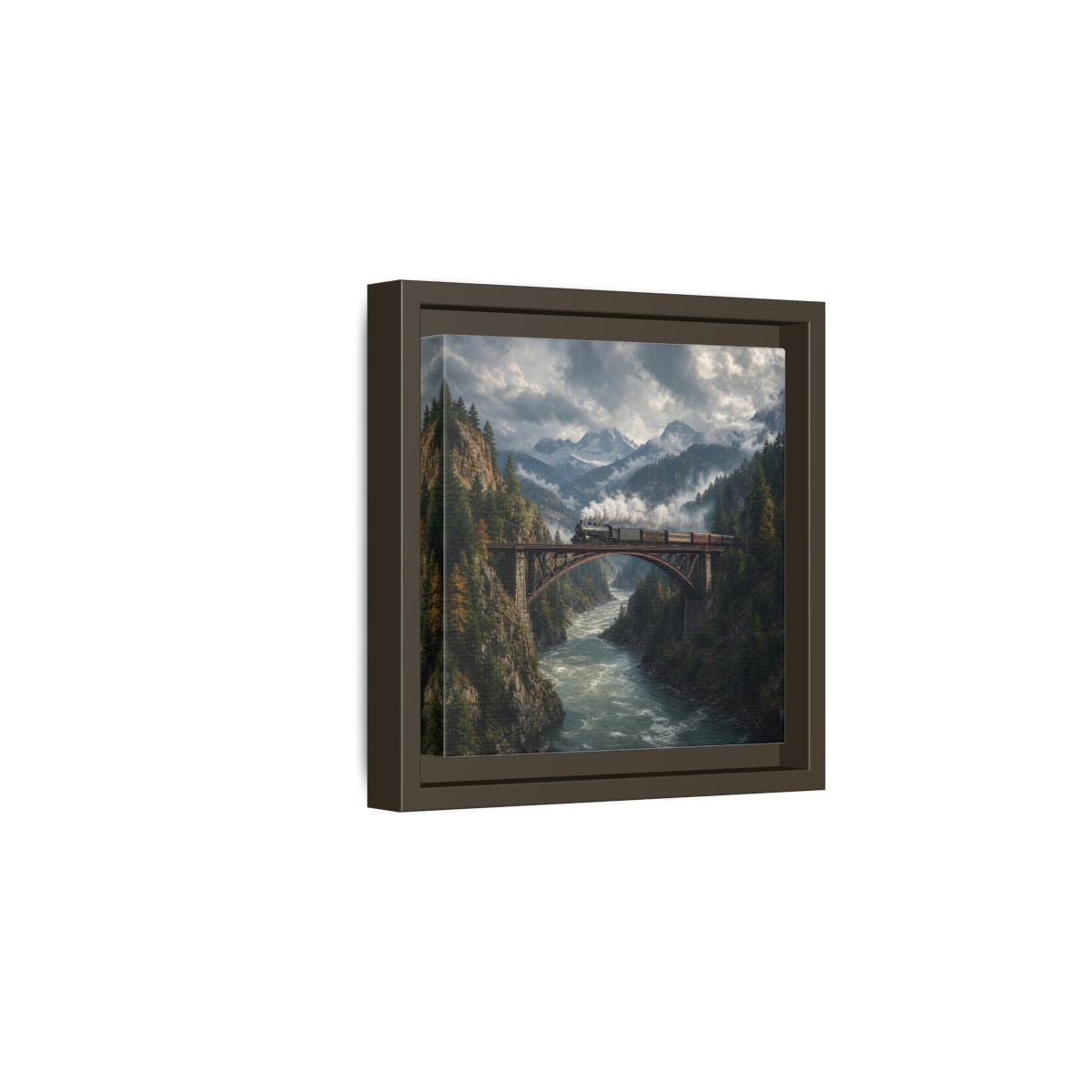Side Mockup 2. Nature Steam Train Mountain Train shown as stretched canvas wall art