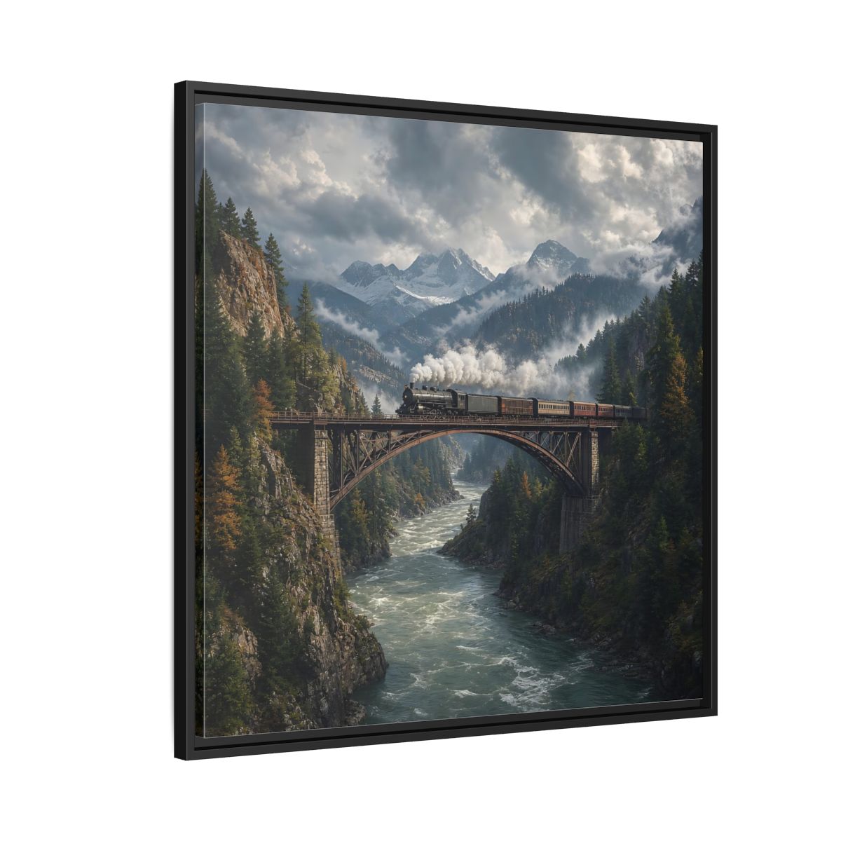 Side Mockup 9. Nature Steam Train Mountain Train shown as stretched canvas wall art