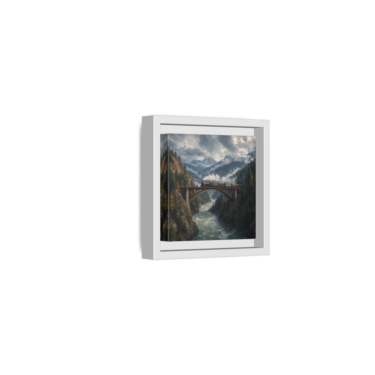 Side Mockup 22. Nature Steam Train Mountain Train shown as stretched canvas wall art