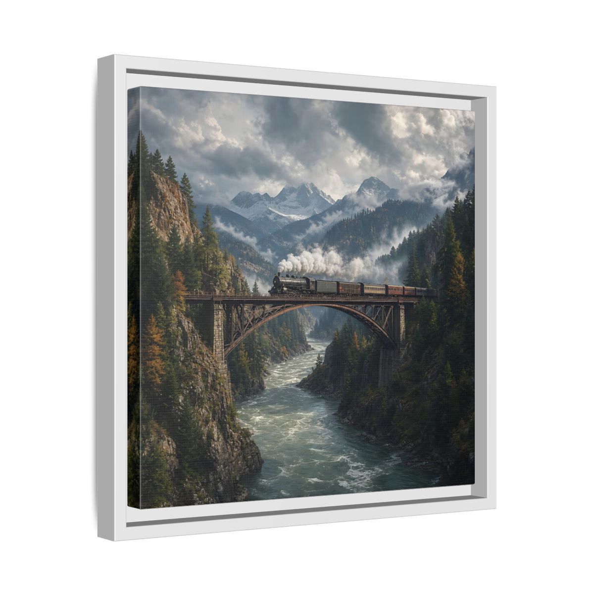Side Mockup 28. Nature Steam Train Mountain Train shown as stretched canvas wall art
