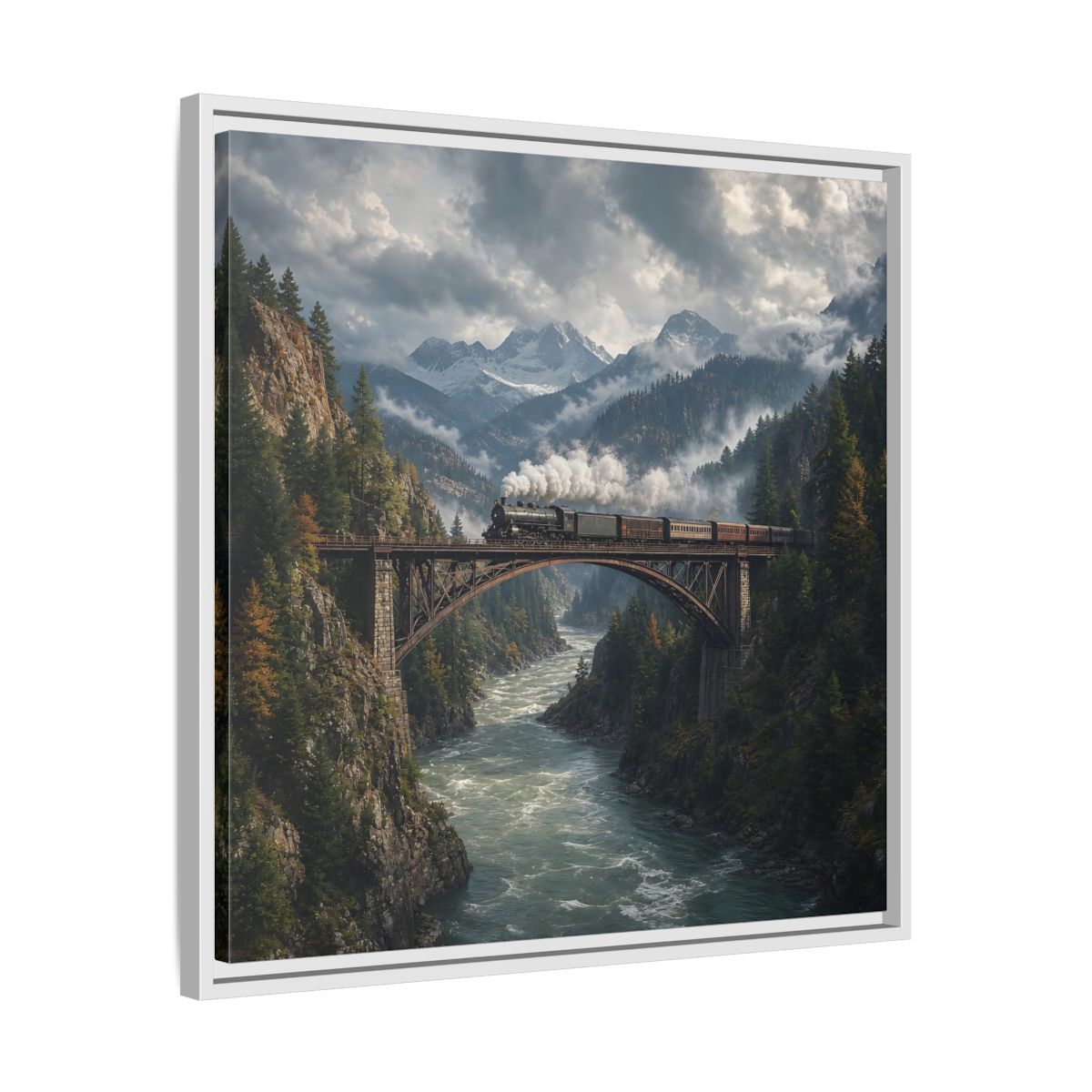 Side Mockup 26. Nature Steam Train Mountain Train shown as stretched canvas wall art