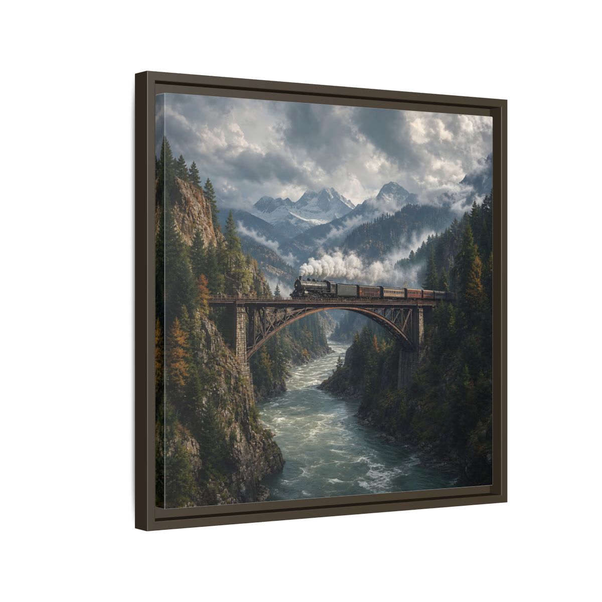 Side Mockup 11. Nature Steam Train Mountain Train shown as stretched canvas wall art
