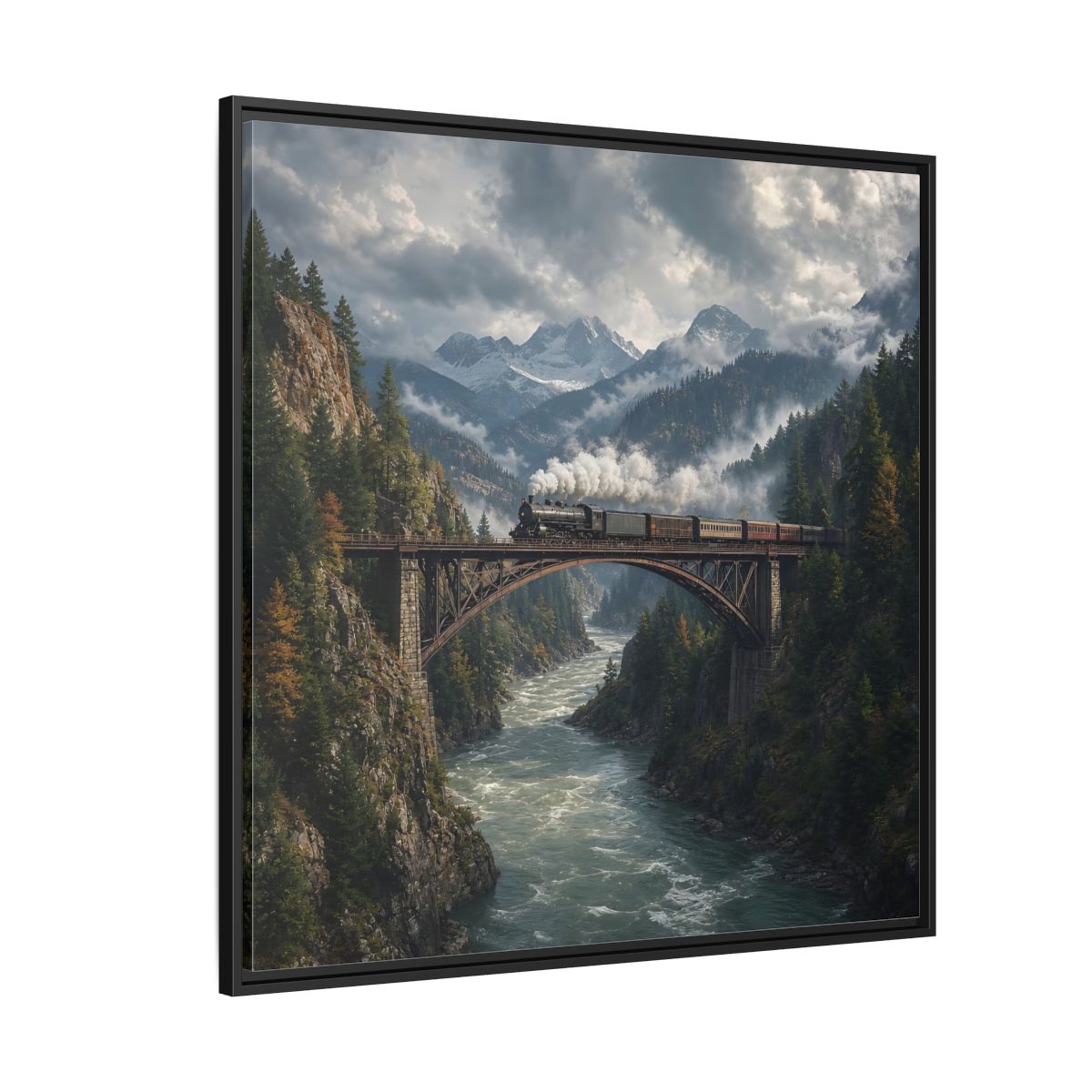 Side Mockup 6. Nature Steam Train Mountain Train shown as stretched canvas wall art