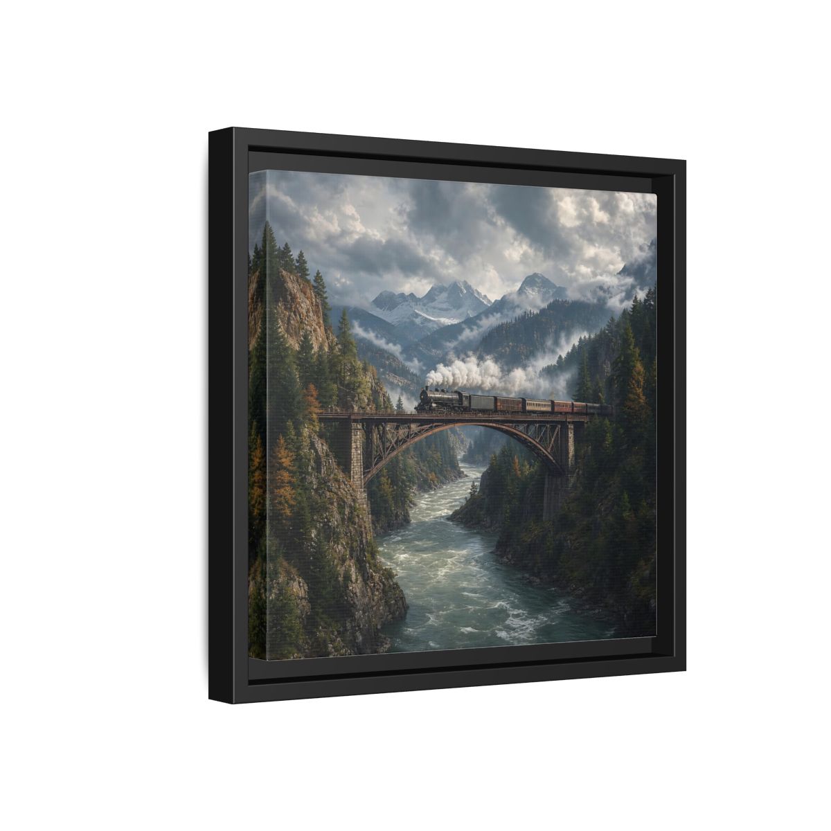 Side Mockup 18. Nature Steam Train Mountain Train shown as stretched canvas wall art