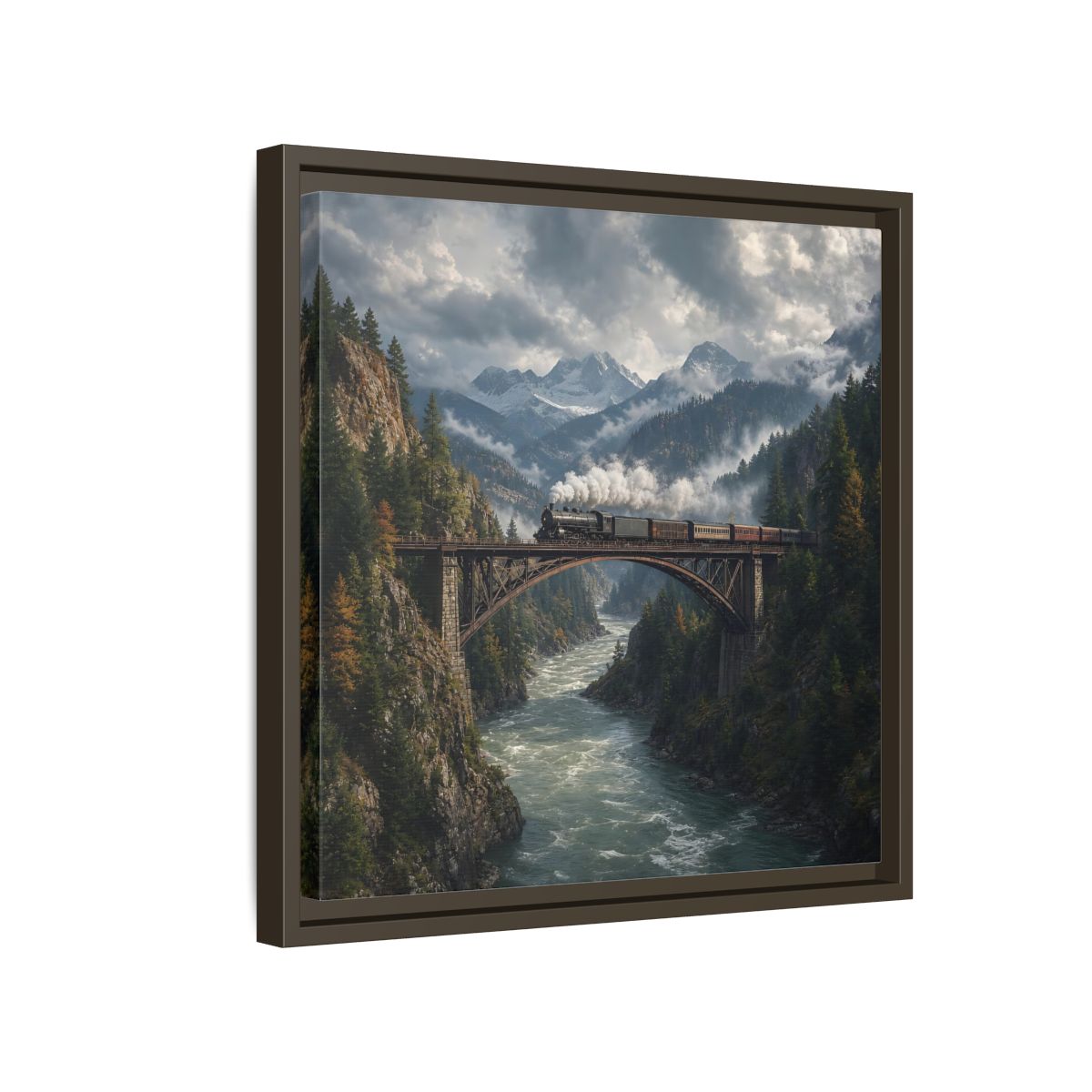 Side Mockup 14. Nature Steam Train Mountain Train shown as stretched canvas wall art