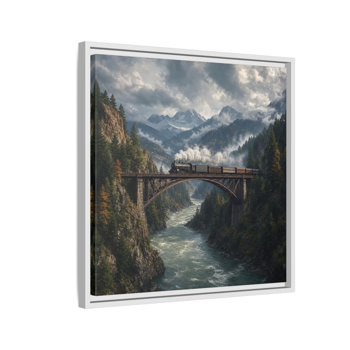 Side Mockup 10. Nature Steam Train Mountain Train shown as stretched canvas wall art