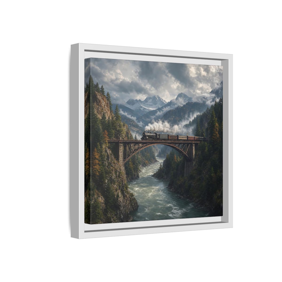 Side Mockup 16. Nature Steam Train Mountain Train shown as stretched canvas wall art