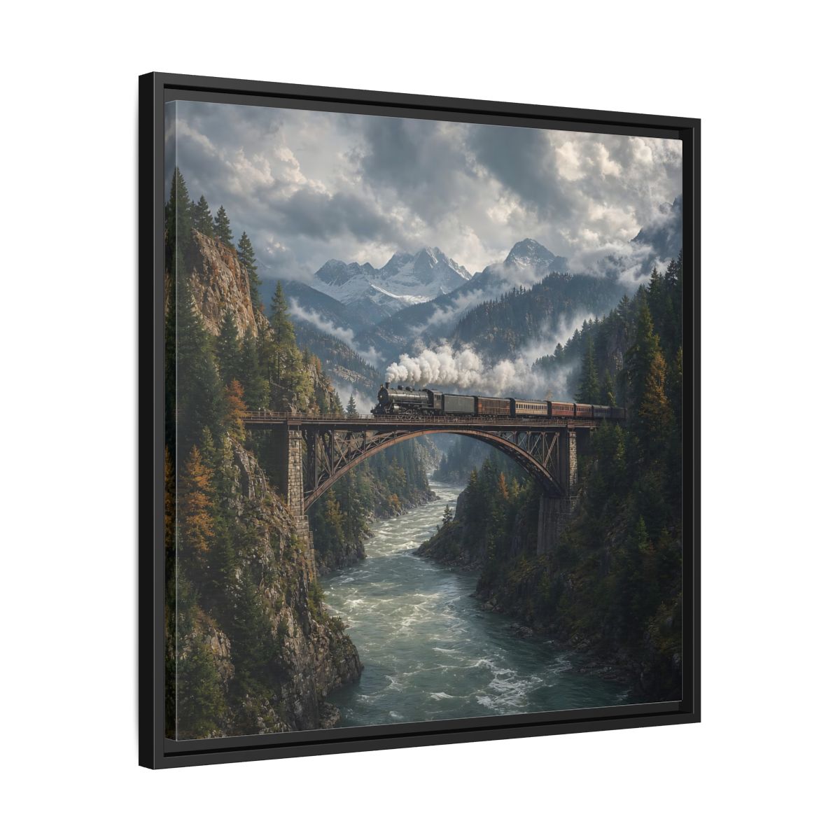 Side Mockup 31. Nature Steam Train Mountain Train shown as stretched canvas wall art
